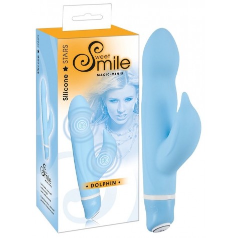 Голубой вибратор Smile Dolphin с клиторальным отростком - 16 см.